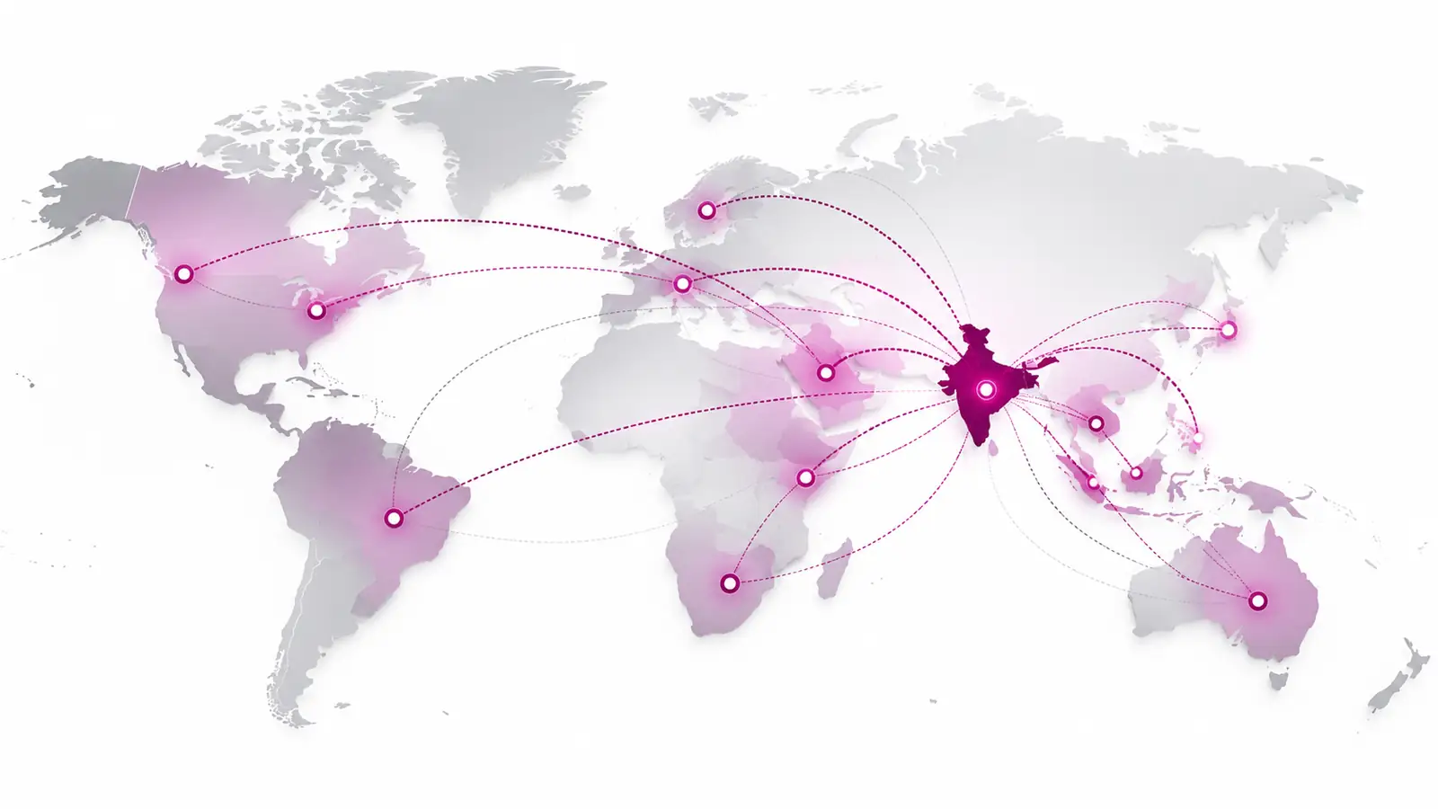 World map showing export routes from India to the Middle East, Europe, Africa, the Americas and Asia