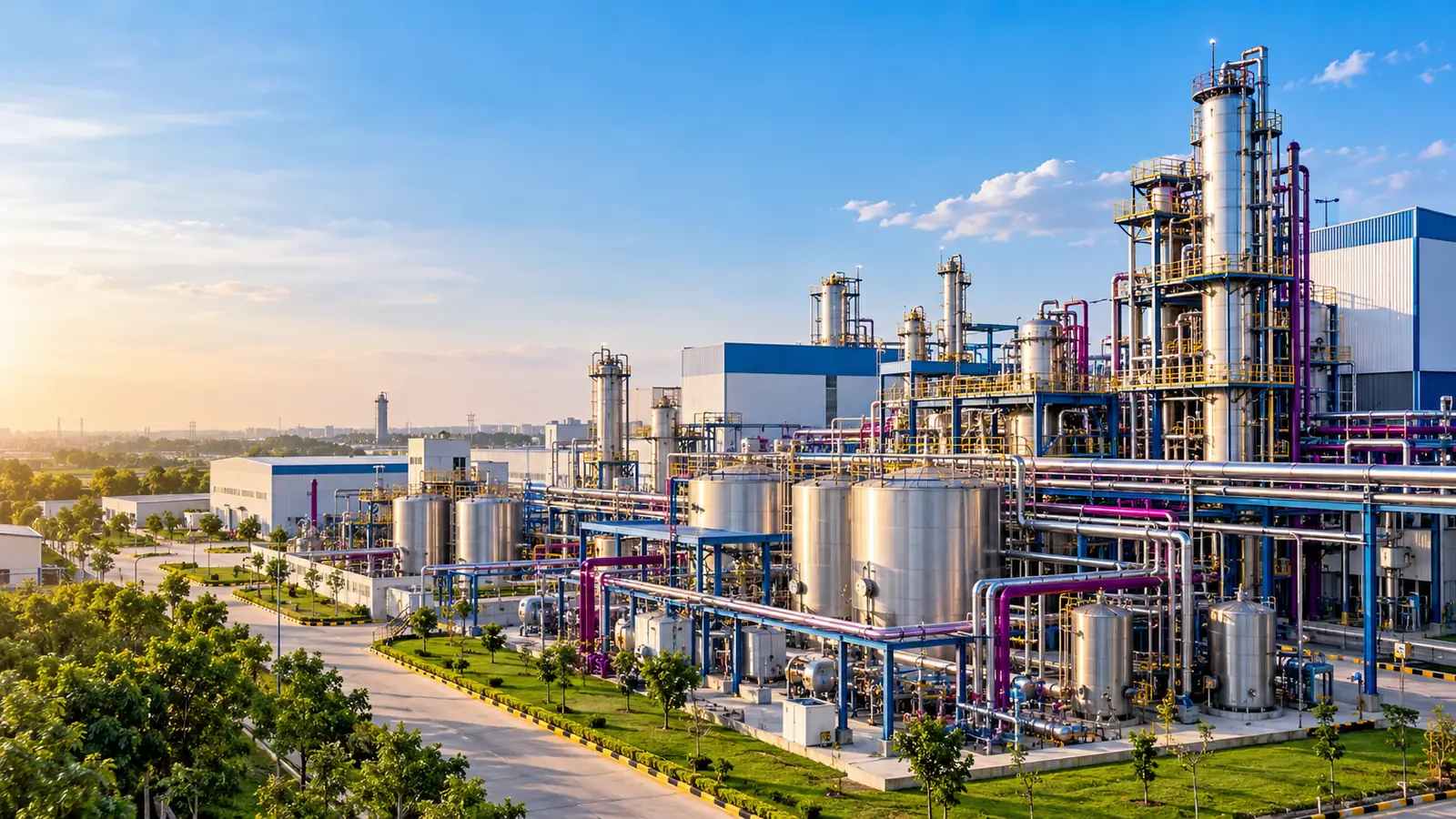 Polymer resin manufacturing plant with reactors and storage tanks