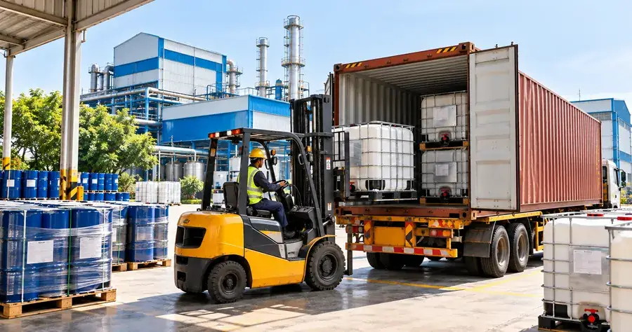 IBCs being loaded into an export container at the Crest plant