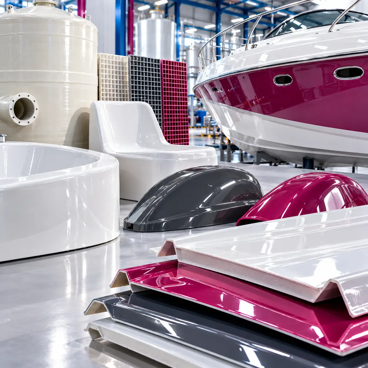 Glossy gelcoat finish on a moulded FRP boat hull